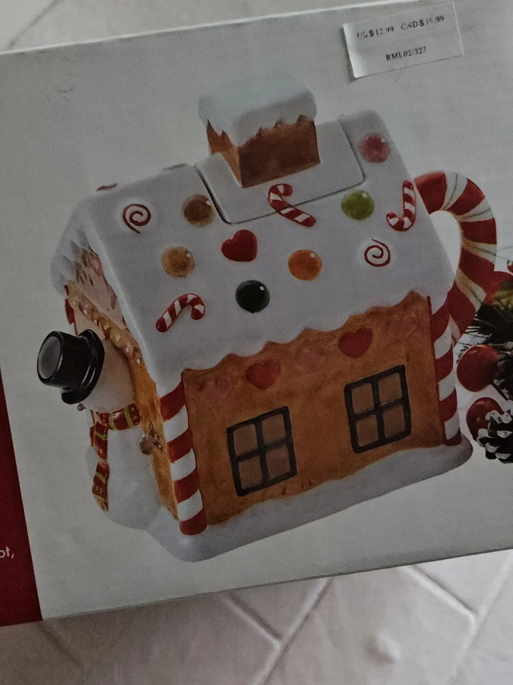 Studio Nova White Gingerbread House Teapot with Red, Green, Orange Accents